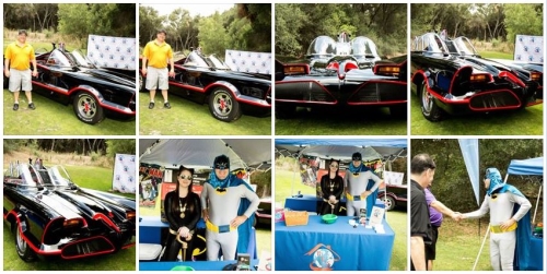 A series of photos of the Adam West batmobile, including cosplayers taking photos at their booth